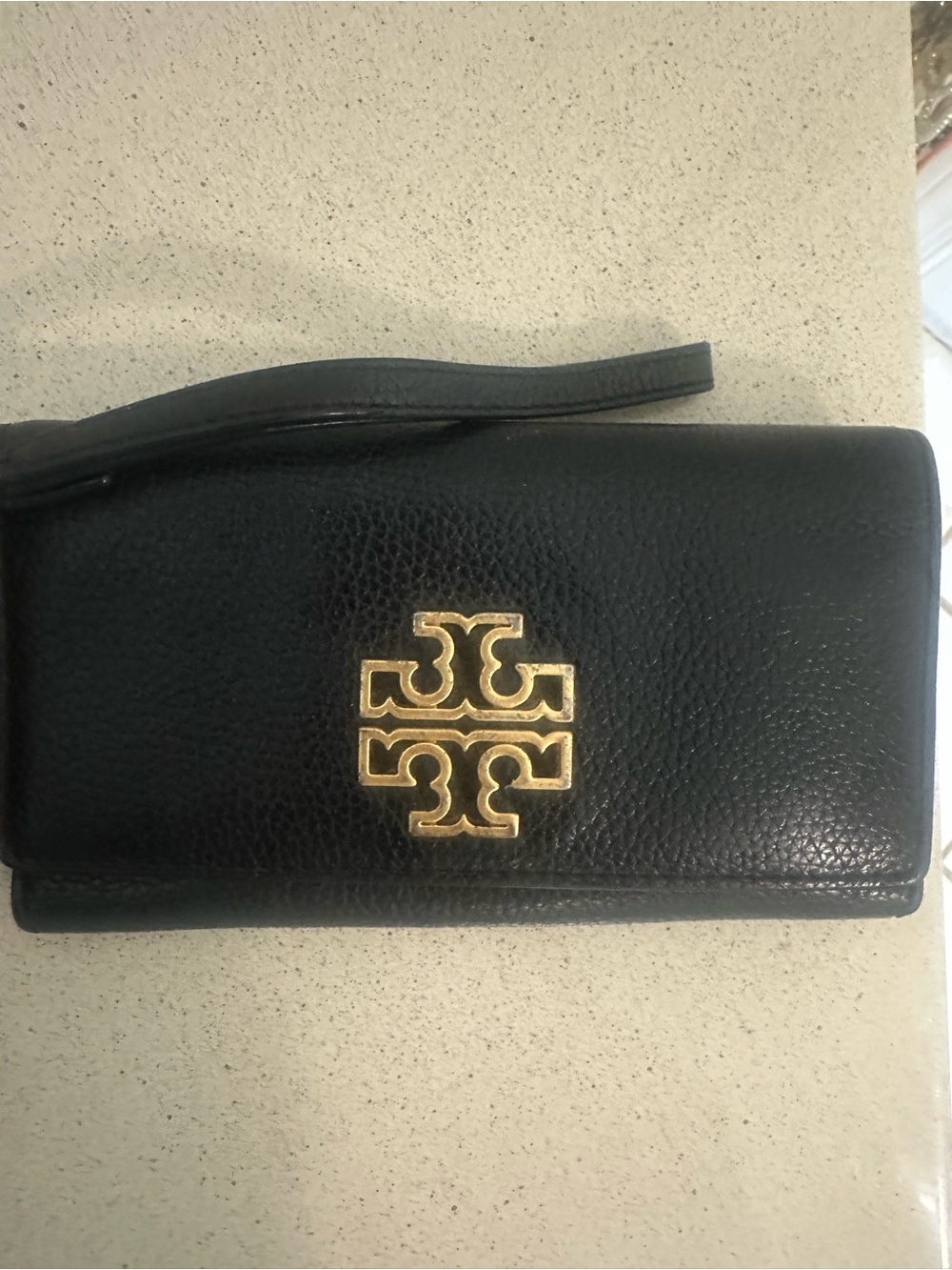 Tory Burch Black Pebbled Leather Continental Wallet Gold Logo Wristlet